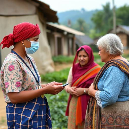 A community health worker providing healthcare services to a family in a rural village.