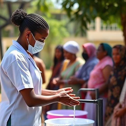 A health worker demonstrating proper handwashing techniques during a community health education session