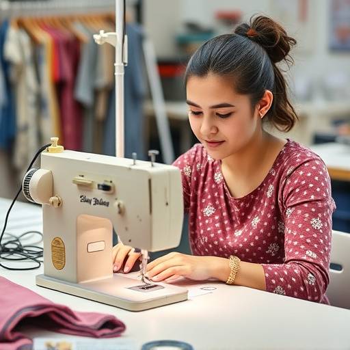 A student learning tailoring skills on a sewing machine in the Vocational Skills Training program