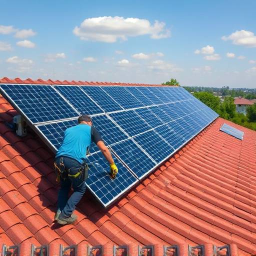 A technician installing solar panels on a rooftop, illustrating renewable energy technology.