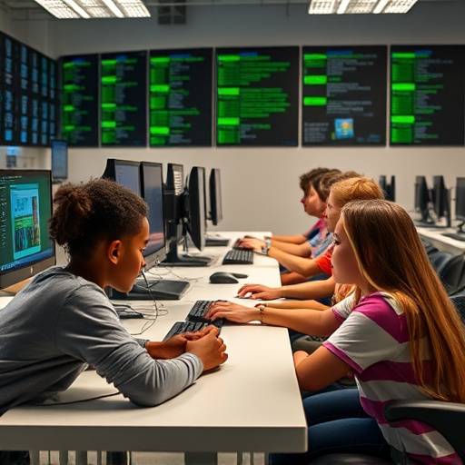 Students in a computer lab, learning coding and digital literacy skills.