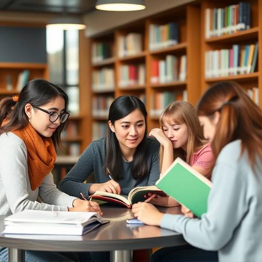 Students studying together in a library, symbolizing academic collaboration.
