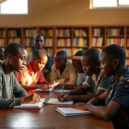 Students studying together in the HopeEd Uganda library