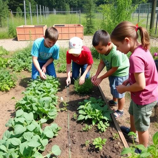 Students working in a demonstration garden, learning sustainable agriculture techniques.