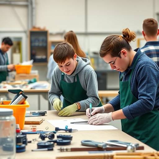 Students working with tools in a vocational training workshop, symbolizing hands-on learning and skill development.